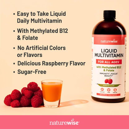 NatureWise Liquid Multivitamin for Women, Men of All Ages - Sugar Free, Vegan - Vitamins for Energy Levels, Beauty, Immune Health with Methylated B12 & Folate - Non-GMO - 30 fl oz(887 mL) - dailyvitalstore