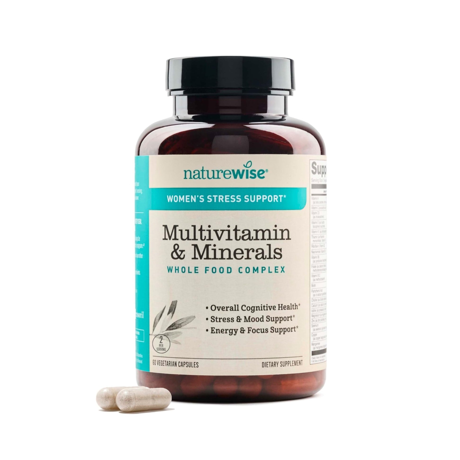 NatureWise Multivitamin for Women + Stress Support with Organic Whole Foods & Natural Minerals - B-Complex + Vitamin C + D3 K2 for Immunity, Hair, Skin & Nails - Non-GMO - 60 Capsules[30-Day Supply] - dailyvitalstore