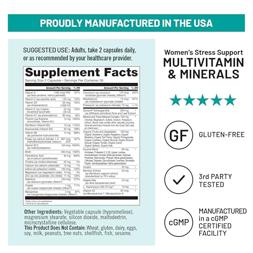NatureWise Multivitamin for Women + Stress Support with Organic Whole Foods & Natural Minerals - B-Complex + Vitamin C + D3 K2 for Immunity, Hair, Skin & Nails - Non-GMO - 60 Capsules[30-Day Supply] - dailyvitalstore