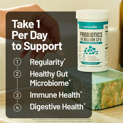 NatureWise Probiotics 60 Billion CFU - 17 Strains + Organic Prebiotics - Immune, Digestive & Gut Health Support for Women & Men - Vegetarian, Gluten-Free, - dailyvitalstore