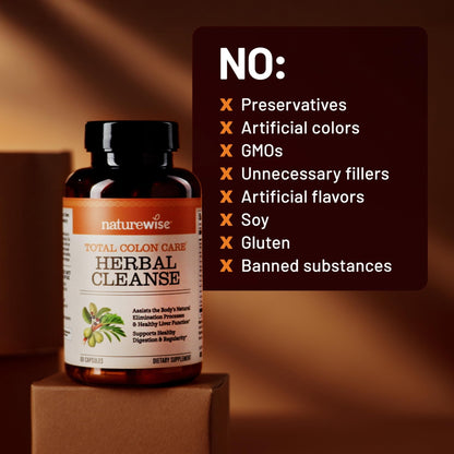 Naturewise Total Colon Care Herbal Cleanse - With Prebiotics, Botanicals, & Antioxidants - for Regular Bowel Movement, Digestion, Gut Health - Vegan, Gluten-Free - dailyvitalstore