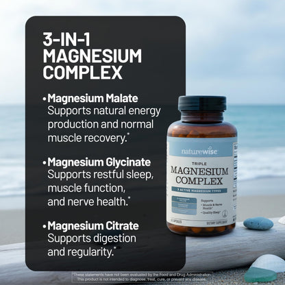 NatureWise Triple Magnesium Complex - High Absorption Magnesium Glycinate + Malate + Citrate for Muscle Nerve & Sleep Support - Vegan 90 Capsules - dailyvitalstore