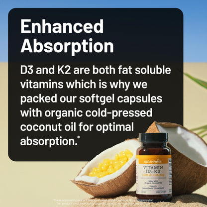 NatureWise Vitamin D3 1000IU + K2 (MK7) 100mcg with Organic Extra Virgin Coconut Oil - Supports Calcium Absorption, Bone & Immune Health - Non-GMO - dailyvitalstore