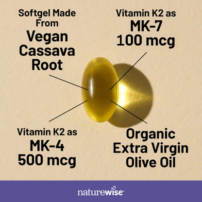 NatureWise Vitamin K2 600mcg Supplement with MK-7 100mcg & MK-4 500mcg - Enhanced Bioavailable Formula - K Complex for Bone and Heart Health - dailyvitalstore