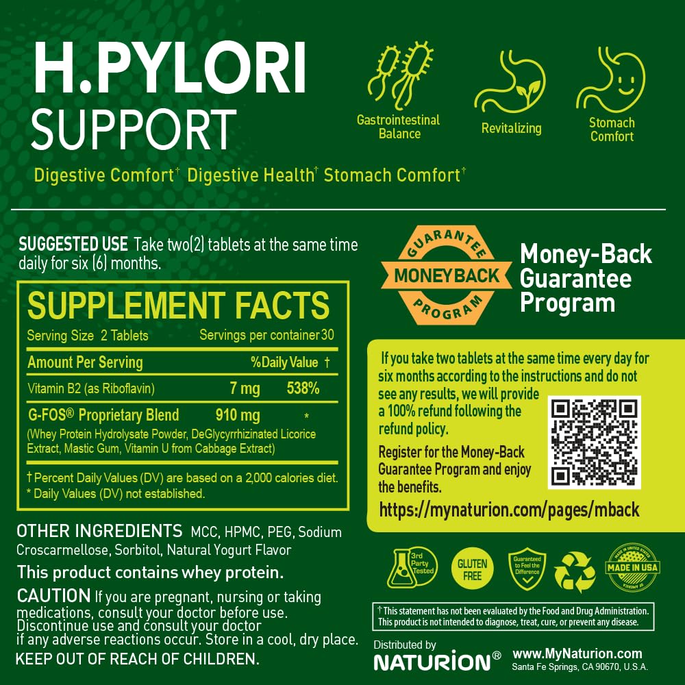 NATURION H. Pylori Support - Digestive Health Supplement with G-FOS Blend, Whey Protein, Licorice, Mastic Gum, Vitamin U, and Vitamin B2 - Stomach Comfort & Gut Balance - 60 Tablets, 30 Day Supply - dailyvitalstore