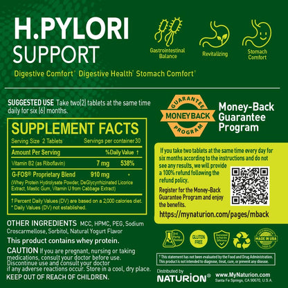 NATURION H. Pylori Support - Digestive Health Supplement with G-FOS Blend, Whey Protein, Licorice, Mastic Gum, Vitamin U, and Vitamin B2 - Stomach Comfort & Gut Balance - 60 Tablets, 30 Day Supply - dailyvitalstore