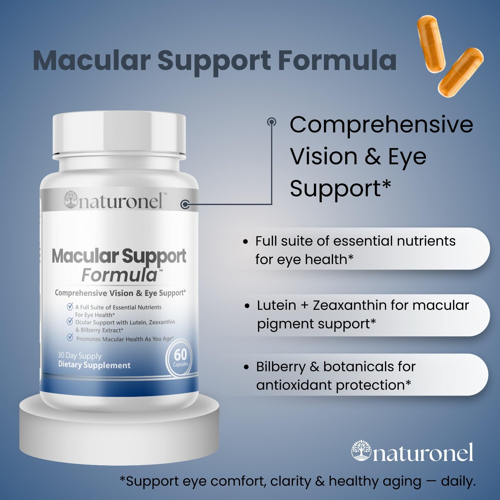 Naturonel Macular Support Formula – Vision & Eye Health with Lutein, Zeaxanthin, Bilberry, Eyebright & Antioxidants | Non-GMO, Made in USA, GMP Certified – 60 Capsules, 30 Day Supply (1) - dailyvitalstore