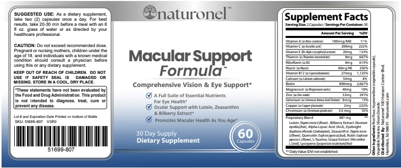 Naturonel Macular Support Formula – Vision & Eye Health with Lutein, Zeaxanthin, Bilberry, Eyebright & Antioxidants | Non-GMO, Made in USA, GMP Certified – 60 Capsules, 30 Day Supply (1) - dailyvitalstore