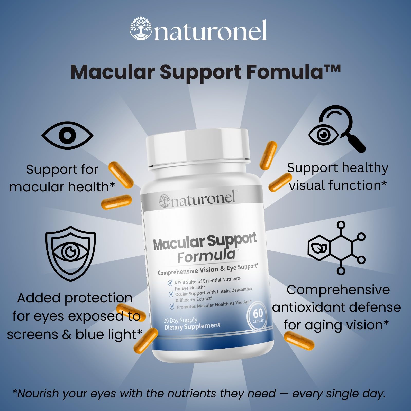 Naturonel Macular Support Formula – Vision & Eye Health with Lutein, Zeaxanthin, Bilberry, Eyebright & Antioxidants | Non-GMO, Made in USA, GMP Certified – 60 Capsules, 30 Day Supply (1) - dailyvitalstore