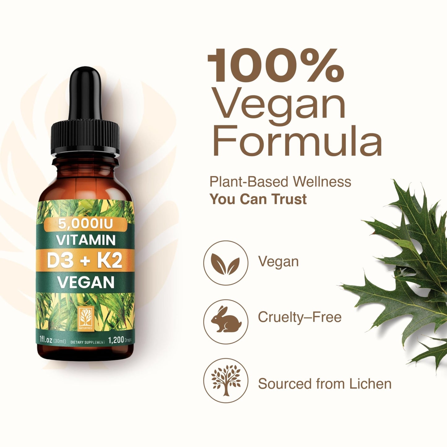NATURTREU Vegan Vitamin D3 K2 Liquid Drops with MCT Oil for Adults (240 Servings) - Liquid Vitamin D K2 MK7 - All Natural, Non-GMO & Dr Formulated with 3X More Absorption - Third-Party Tested - dailyvitalstore