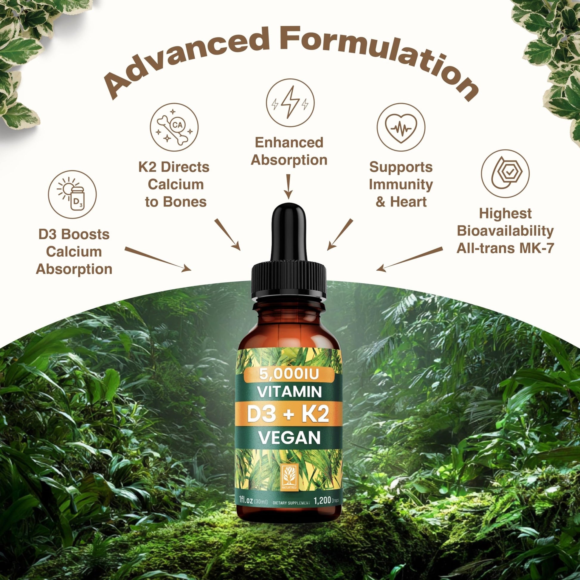 NATURTREU Vegan Vitamin D3 K2 Liquid Drops with MCT Oil for Adults (240 Servings) - Liquid Vitamin D K2 MK7 - All Natural, Non-GMO & Dr Formulated with 3X More Absorption - Third-Party Tested - dailyvitalstore