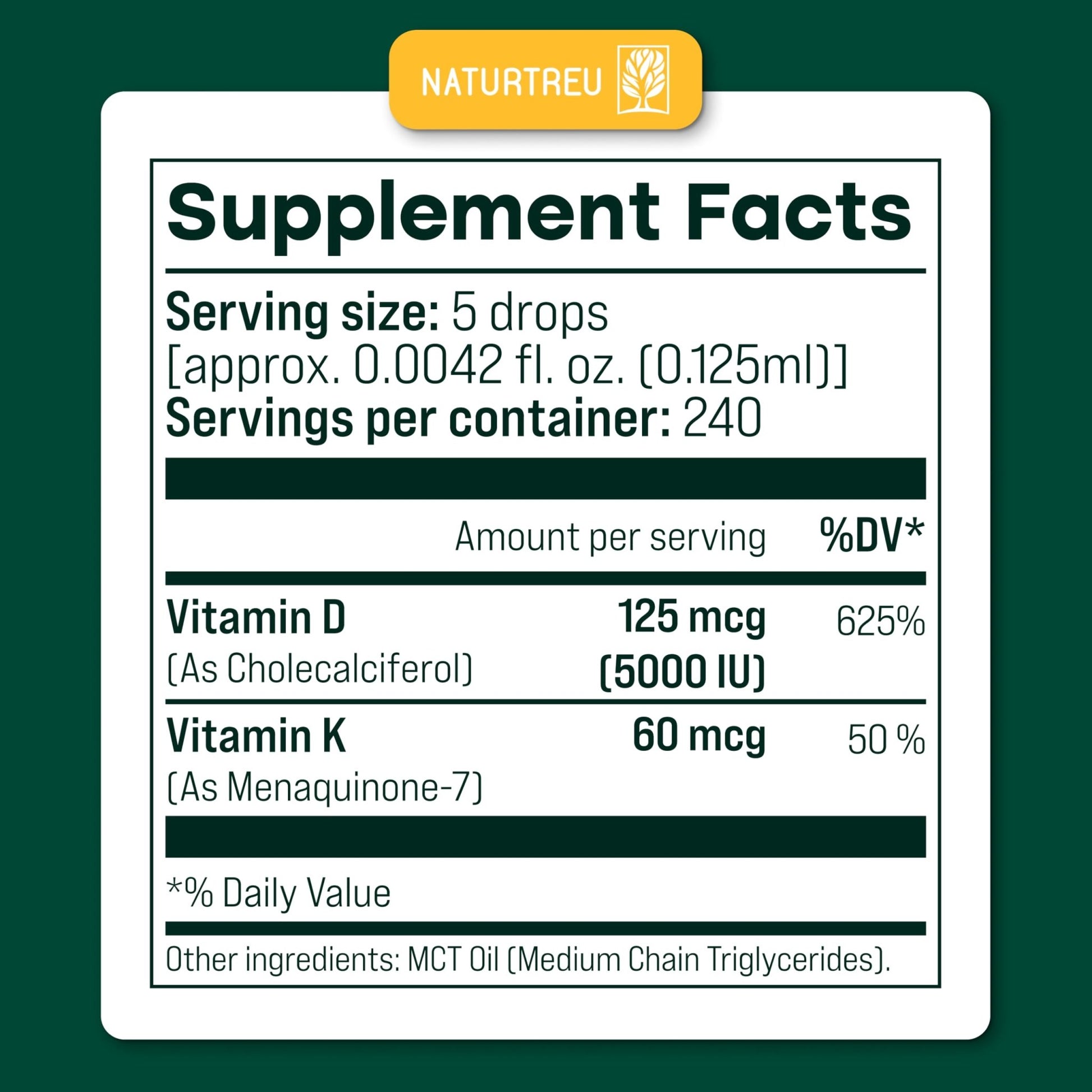 NATURTREU Vegan Vitamin D3 K2 Liquid Drops with MCT Oil for Adults (240 Servings) - Liquid Vitamin D K2 MK7 - All Natural, Non-GMO & Dr Formulated with 3X More Absorption - Third-Party Tested - dailyvitalstore