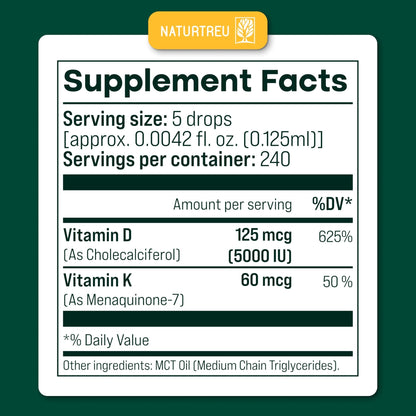NATURTREU Vegan Vitamin D3 K2 Liquid Drops with MCT Oil for Adults (240 Servings) - Liquid Vitamin D K2 MK7 - All Natural, Non-GMO & Dr Formulated with 3X More Absorption - Third-Party Tested - dailyvitalstore