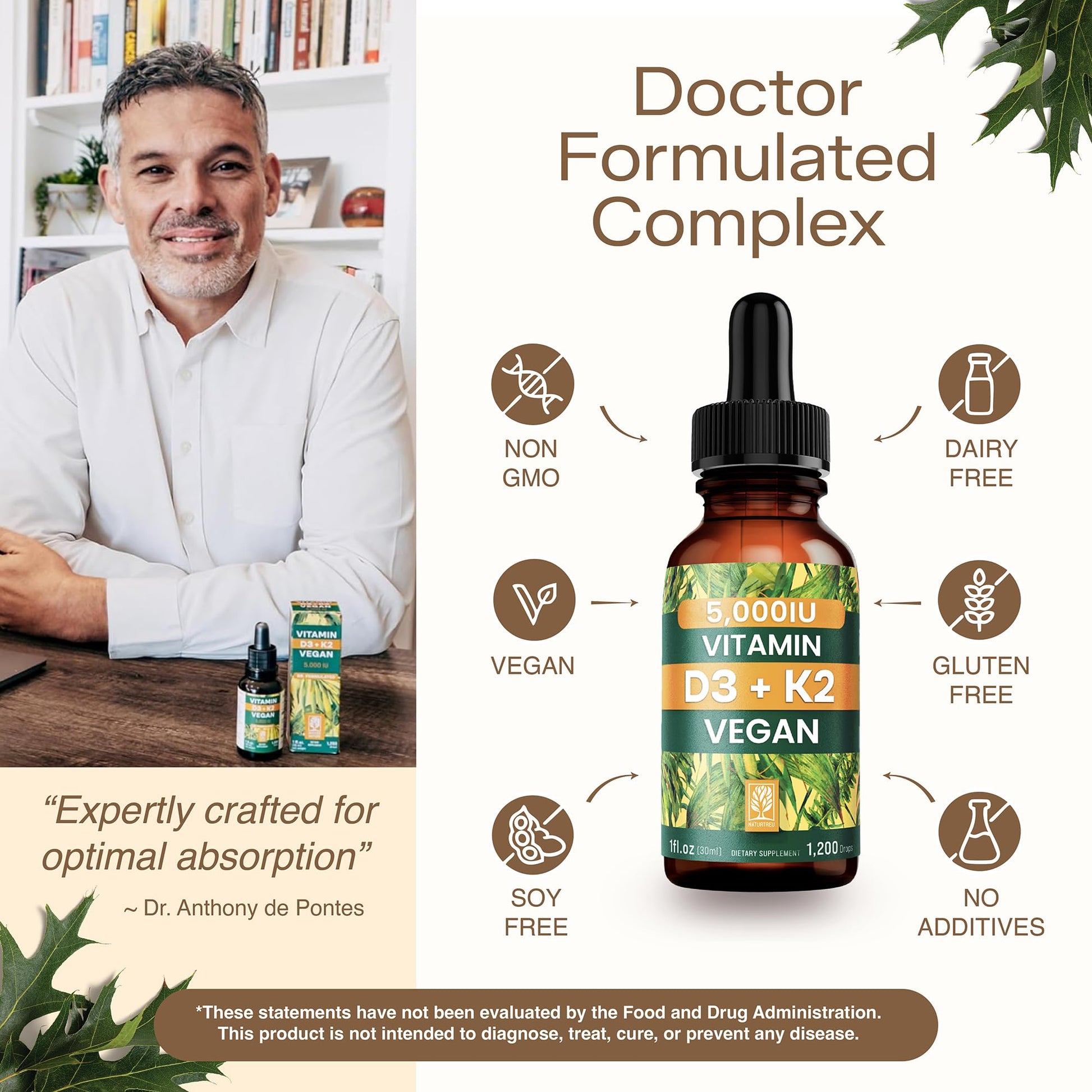 NATURTREU Vegan Vitamin D3 K2 Liquid Drops with MCT Oil for Adults (240 Servings) - Liquid Vitamin D K2 MK7 - All Natural, Non-GMO & Dr Formulated with 3X More Absorption - Third-Party Tested - dailyvitalstore