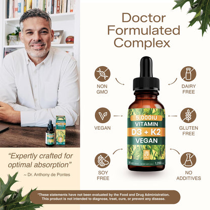 NATURTREU Vegan Vitamin D3 K2 Liquid Drops with MCT Oil for Adults (240 Servings) - Liquid Vitamin D K2 MK7 - All Natural, Non-GMO & Dr Formulated with 3X More Absorption - Third-Party Tested - dailyvitalstore
