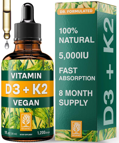 NATURTREU Vegan Vitamin D3 K2 Liquid Drops with MCT Oil for Adults (240 Servings) - Liquid Vitamin D K2 MK7 - All Natural, Non-GMO & Dr Formulated with 3X More Absorption - Third-Party Tested - dailyvitalstore