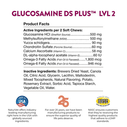 NaturVet – Glucosamine DS Plus - Level 2 Moderate Care – Supports Healthy Hip & Joint Function – Enhanced with Glucosamine, MSM & Chondroitin – for Dogs & Cats–120 Soft Chews - dailyvitalstore