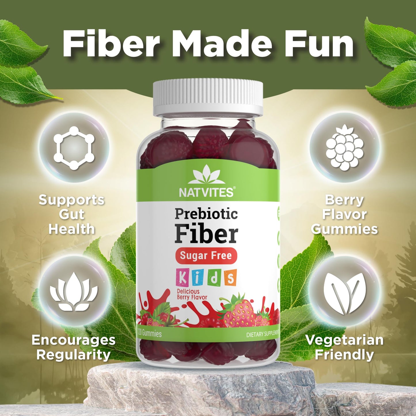Natvites Prebiotic Kids Fiber Gummies, for Children Ages 2 & Up - Sugar Free Vegetarian Gelatin Free Non-GMO, Kids Fiber Supplements - dailyvitalstore