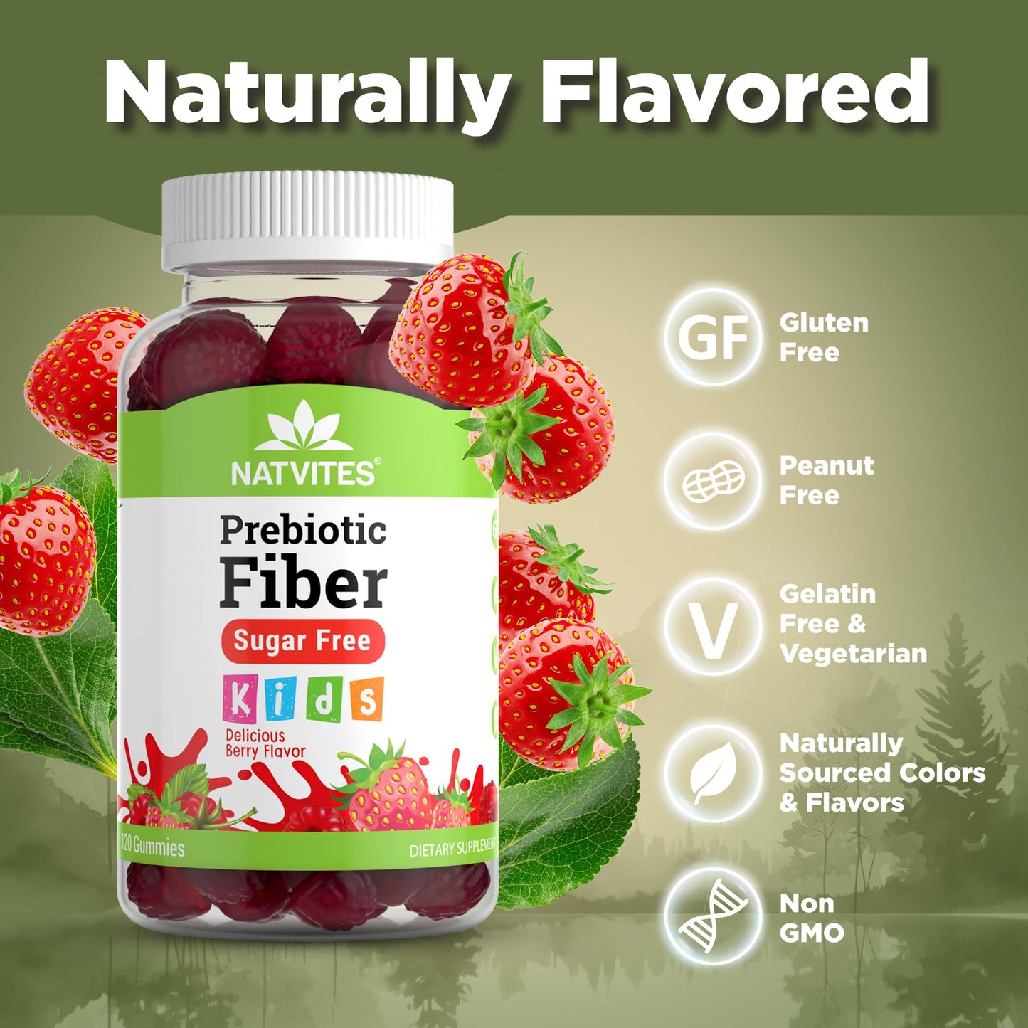 Natvites Prebiotic Kids Fiber Gummies, for Children Ages 2 & Up - Sugar Free Vegetarian Gelatin Free Non-GMO, Kids Fiber Supplements - dailyvitalstore