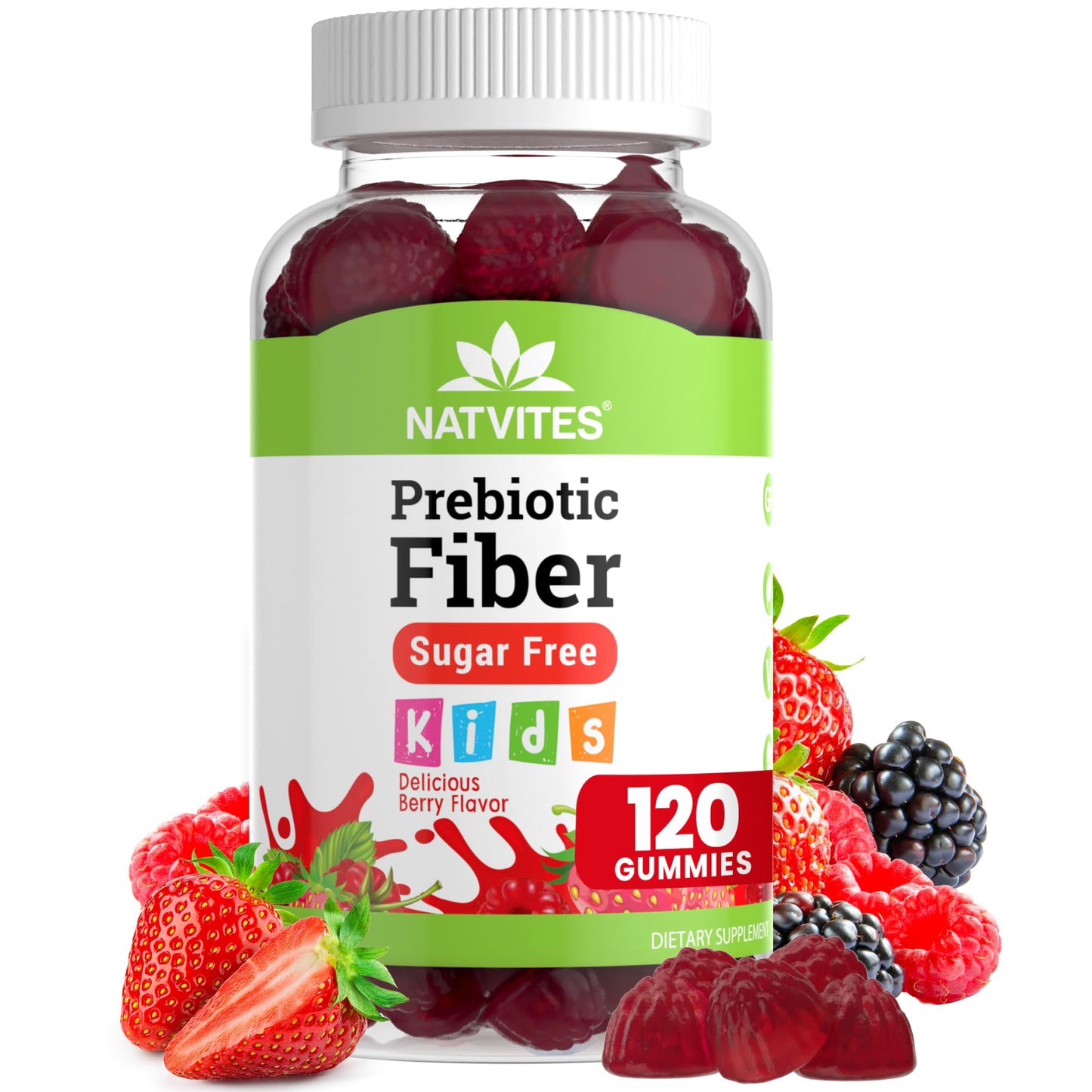 Natvites Prebiotic Kids Fiber Gummies, for Children Ages 2 & Up - Sugar Free Vegetarian Gelatin Free Non-GMO, Kids Fiber Supplements - dailyvitalstore