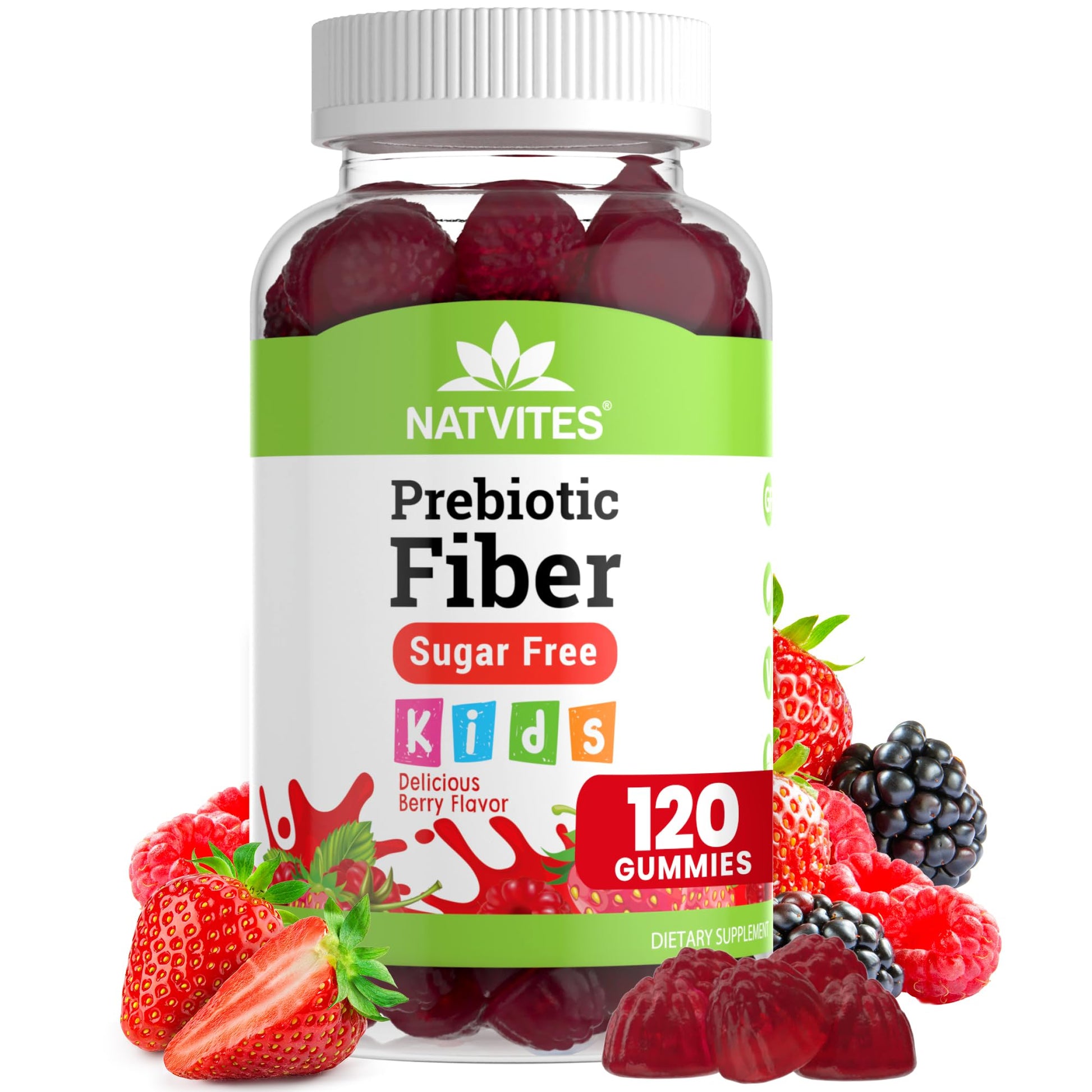 Natvites Prebiotic Kids Fiber Gummies, for Children Ages 2 & Up - Sugar Free Vegetarian Gelatin Free Non-GMO, Kids Fiber Supplements - dailyvitalstore