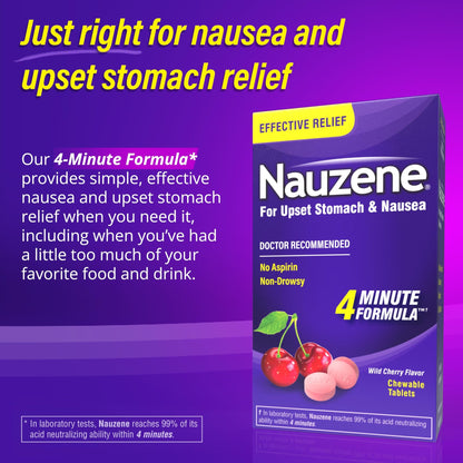 Nauzene Non-Drowsy Upset Stomach & Nausea Relief Chewable Tablets | 4-Minute Formula | Doctor Recommended | Wild Cherry Flavor | 56 Count - dailyvitalstore