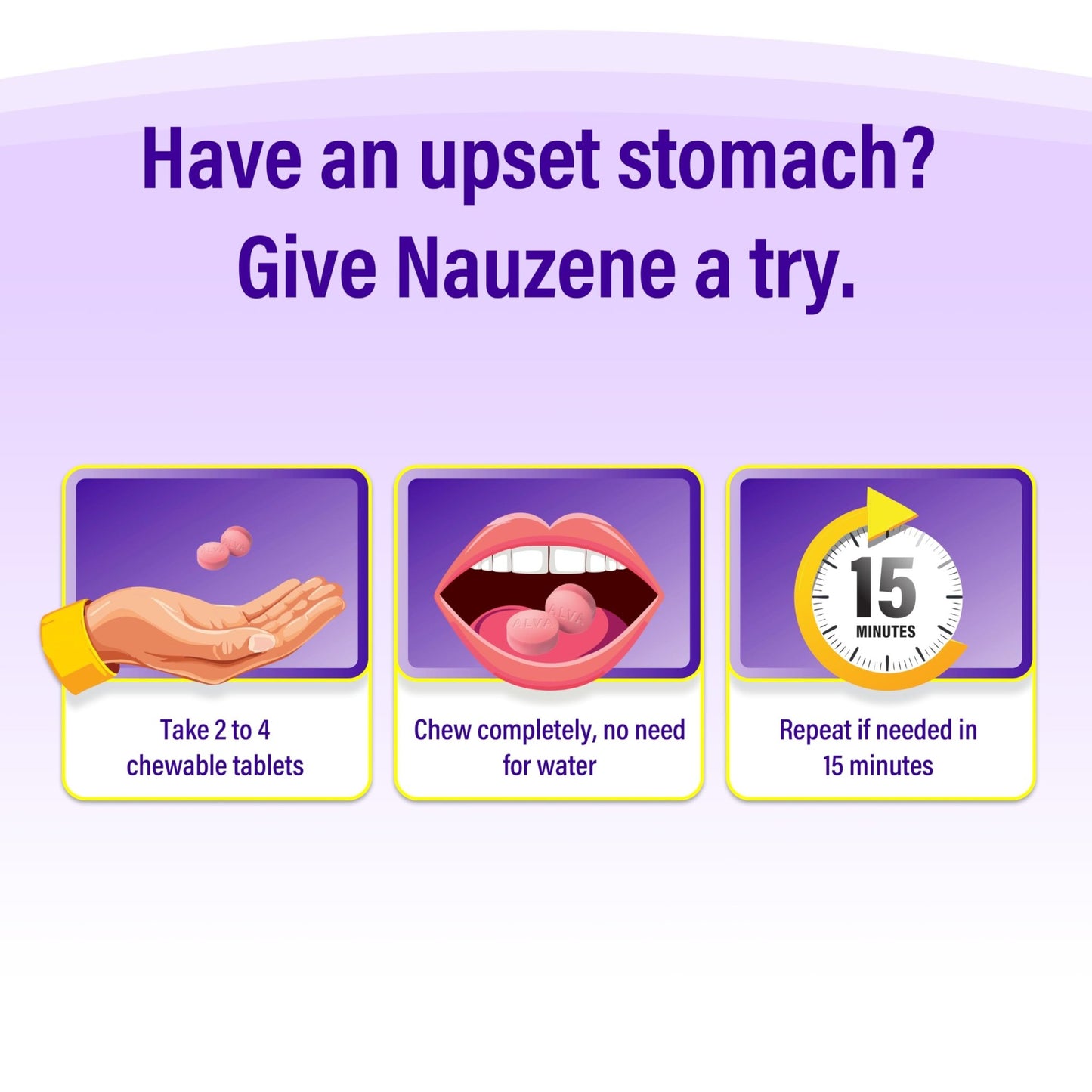 Nauzene Non-Drowsy Upset Stomach & Nausea Relief Chewable Tablets | 4-Minute Formula | Doctor Recommended | Wild Cherry Flavor | 56 Count - dailyvitalstore