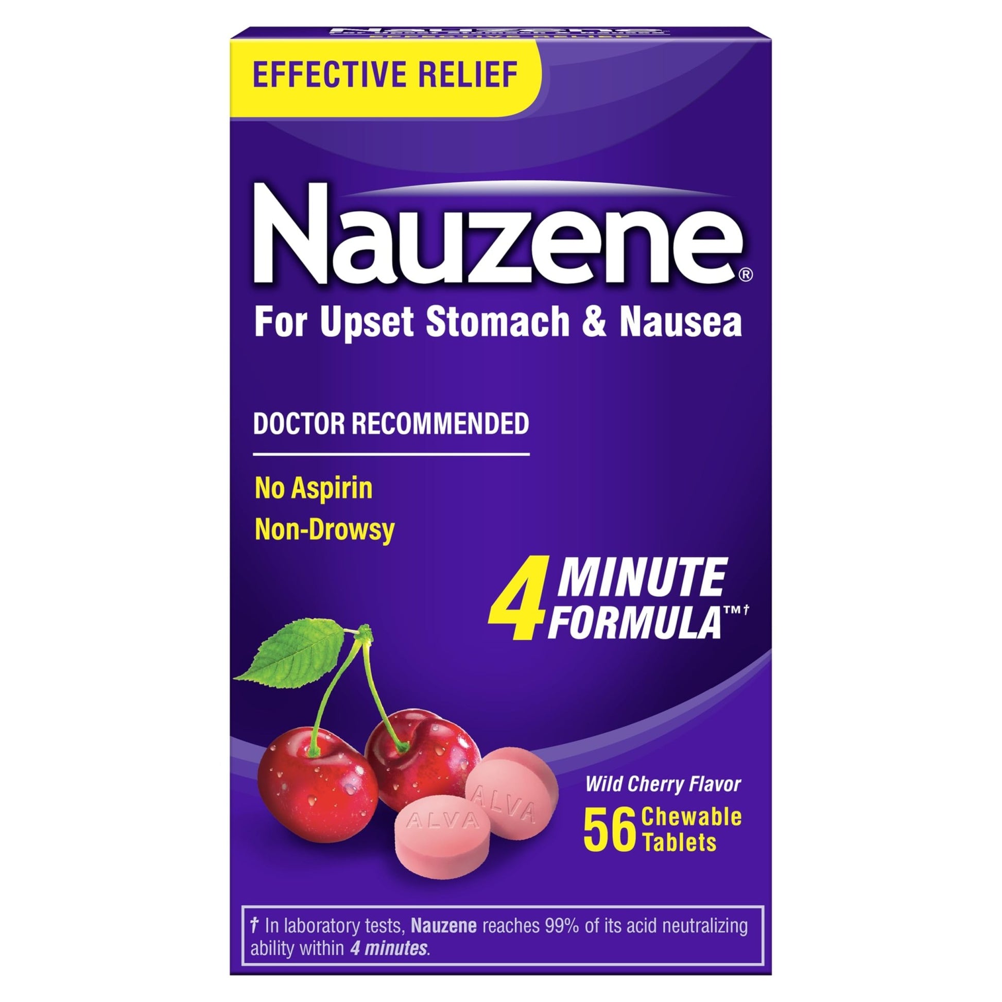 Nauzene Non-Drowsy Upset Stomach & Nausea Relief Chewable Tablets | 4-Minute Formula | Doctor Recommended | Wild Cherry Flavor | 56 Count - dailyvitalstore