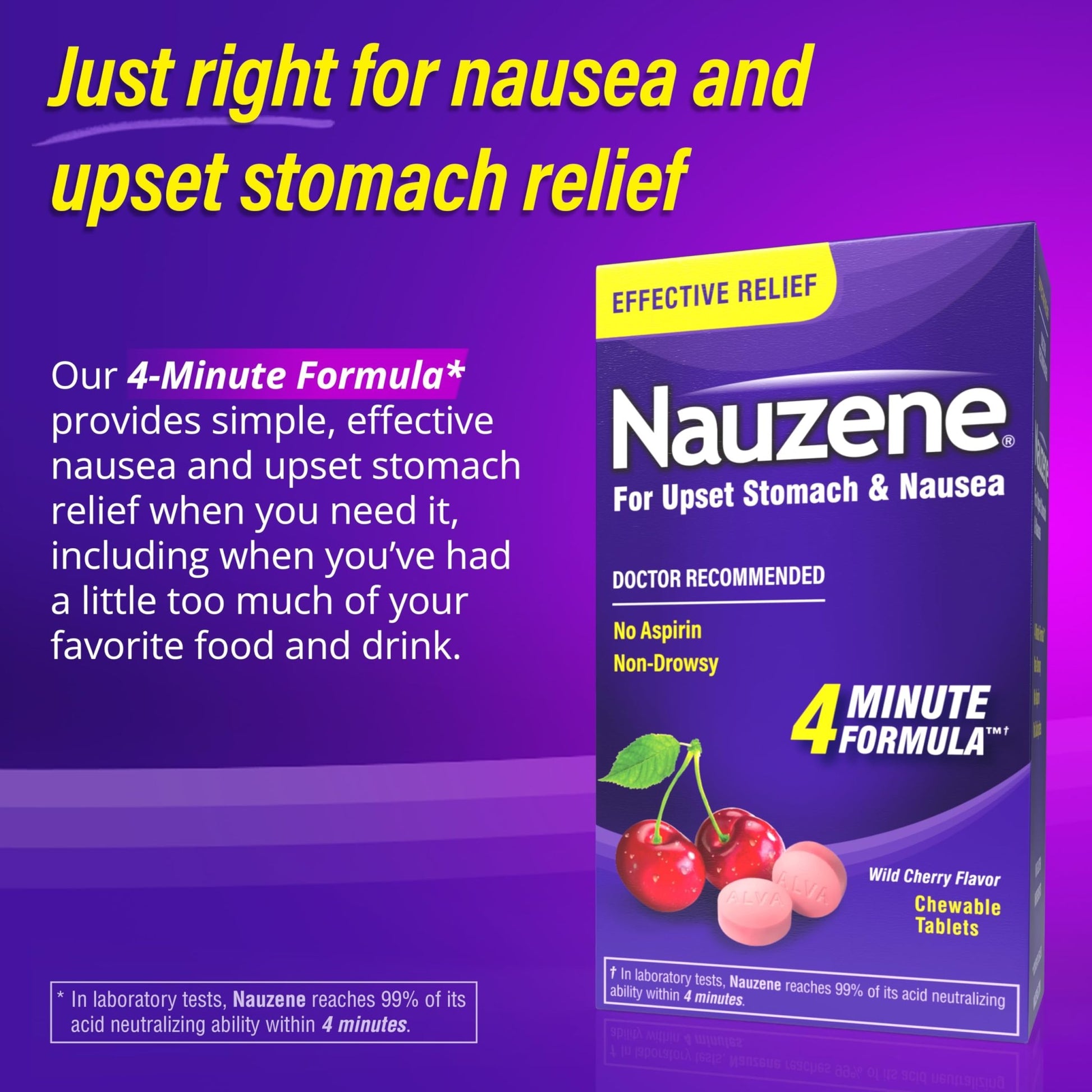 Nauzene Non-drowsy Upset Stomach & Nausea Relief Chewable Tablets - Fast-Acting Relief in 4 Minutes - Doctor Recommended - Wild Cherry Flavor, 42 ct - dailyvitalstore