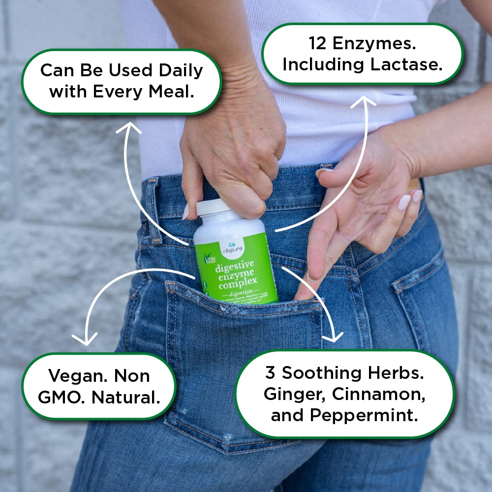 nbpure Vegan Digestive Enzyme Complex – Daily Bloating, Gas, & Food Digestive Support for Women & Men – 12 Enzymes & 3 Herbs – Lactase, Protease, Lipase - dailyvitalstore