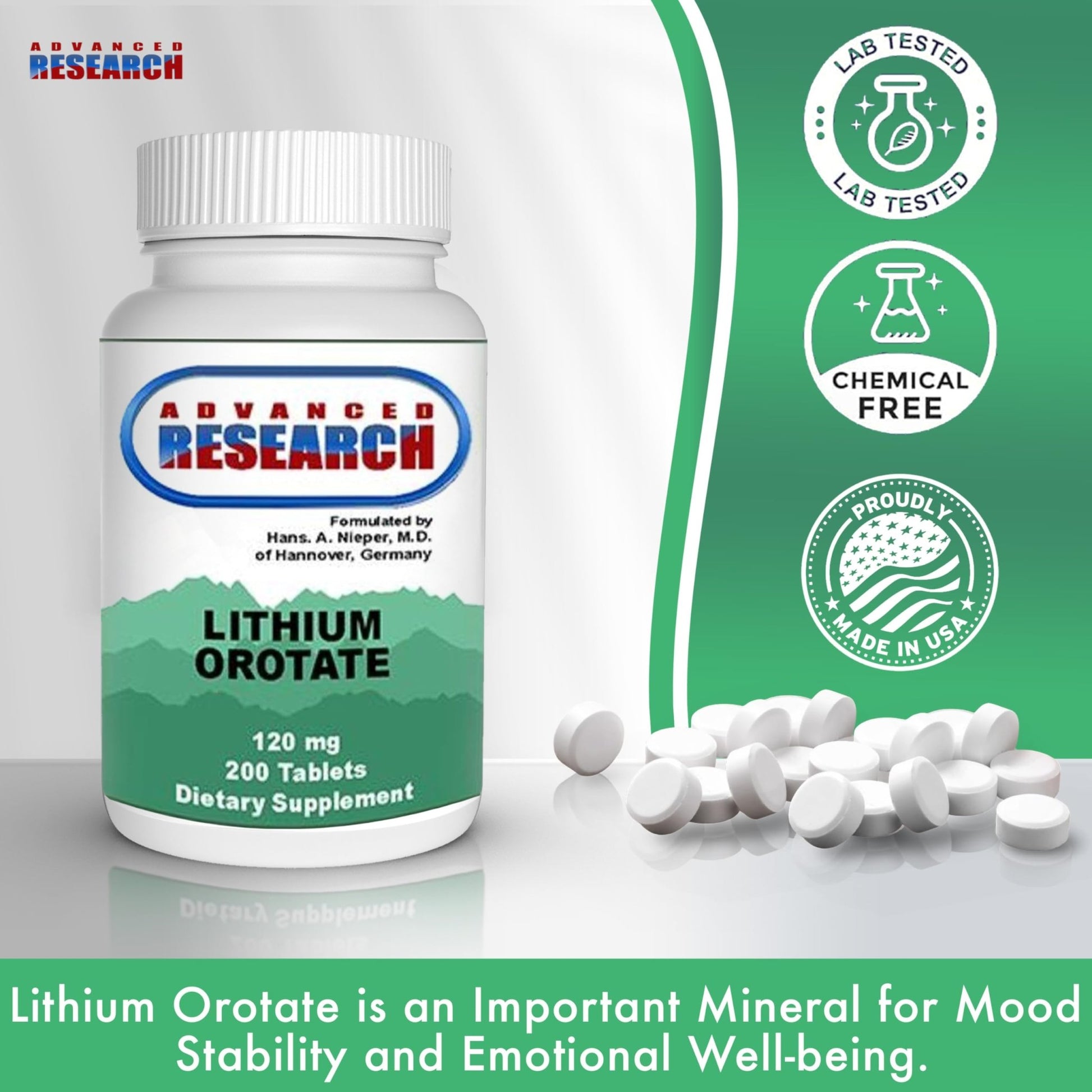 NCI Advanced Research Dr. Hans Nieper Lithium Orotate 5mg, 200 Count, Lab Tested, Non-GMO, Gluten Free, Vegan Friendly - dailyvitalstore