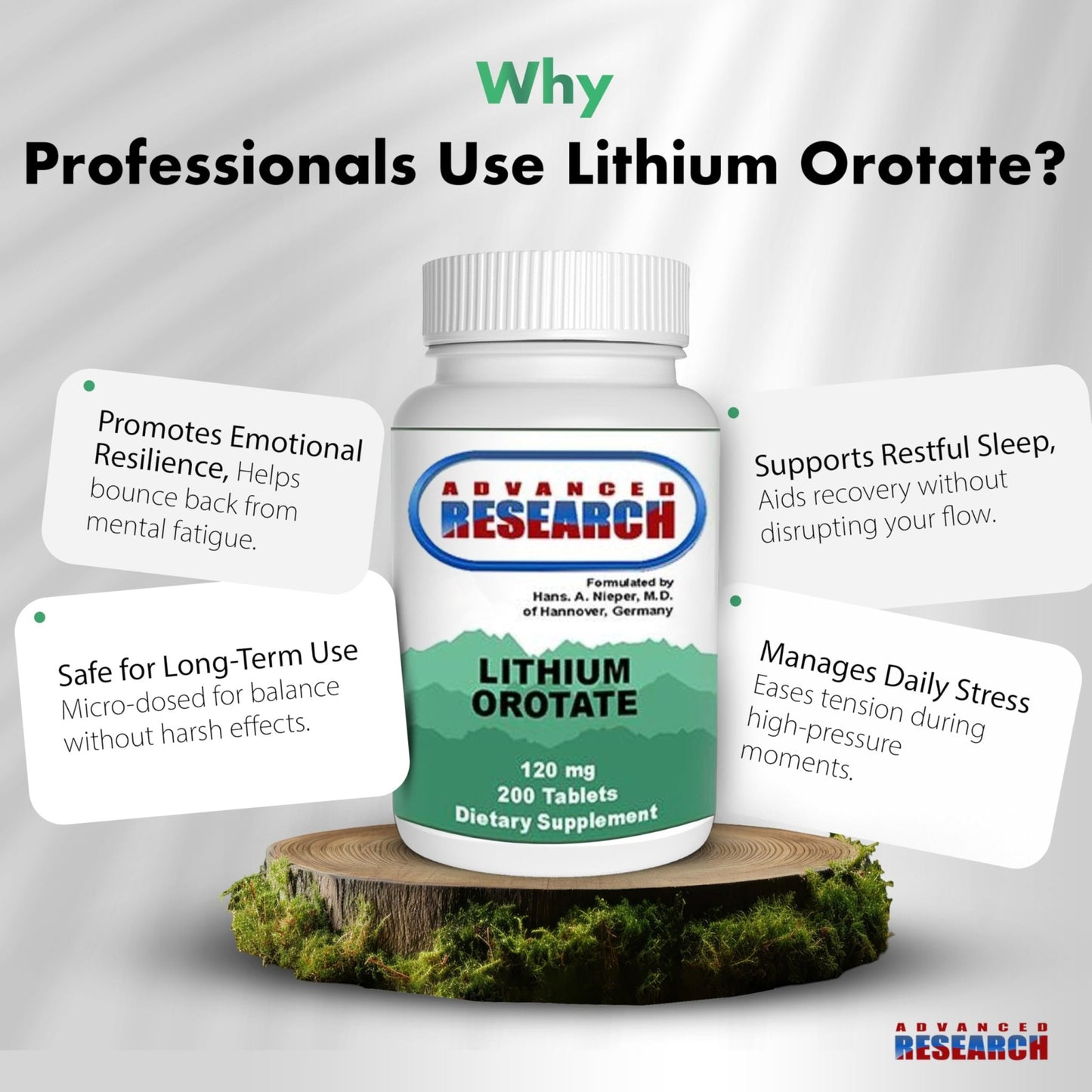 NCI Advanced Research Dr. Hans Nieper Lithium Orotate 5mg, 200 Count, Lab Tested, Non-GMO, Gluten Free, Vegan Friendly - dailyvitalstore