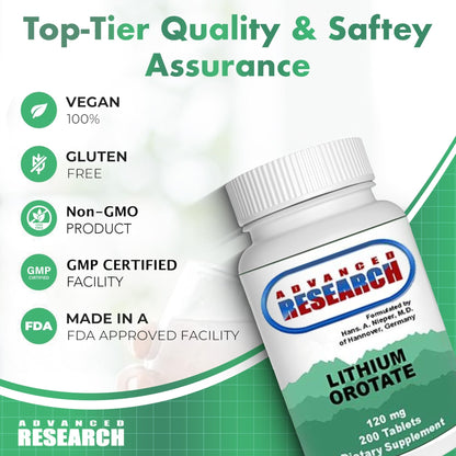 NCI Advanced Research Dr. Hans Nieper Lithium Orotate 5mg, 200 Count, Lab Tested, Non-GMO, Gluten Free, Vegan Friendly - dailyvitalstore