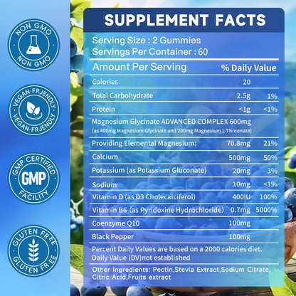 Nedtol Magnesium Glycinate Gummies 600mg, Sugar Free Magnesium Potassium Supplement for Adults with Magnesium L-Threonate, Vitamin D, B6,and CoQ10 for Sleep, Body Support and Relaxation,120 Count - dailyvitalstore