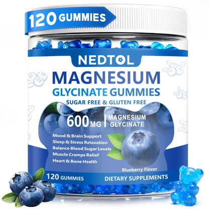 Nedtol Magnesium Glycinate Gummies 600mg, Sugar Free Magnesium Potassium Supplement for Adults with Magnesium L-Threonate, Vitamin D, B6,and CoQ10 for Sleep, Body Support and Relaxation,120 Count - dailyvitalstore