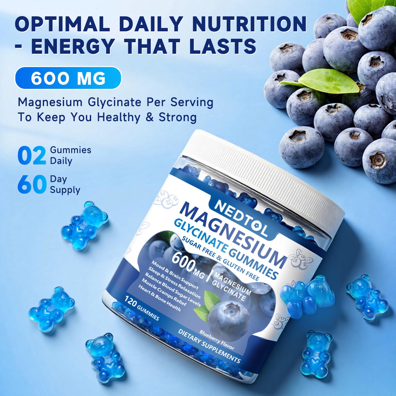 Nedtol Magnesium Glycinate Gummies 600mg, Sugar Free Magnesium Potassium Supplement for Adults with Magnesium L-Threonate, Vitamin D, B6,and CoQ10 for Sleep, Body Support and Relaxation,120 Count - dailyvitalstore