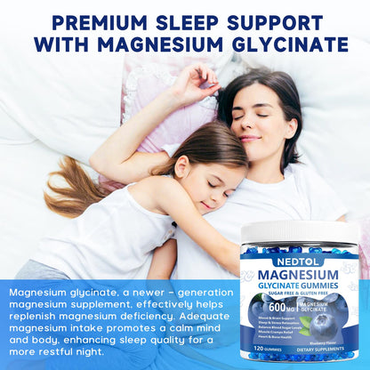 Nedtol Magnesium Glycinate Gummies 600mg, Sugar Free Magnesium Potassium Supplement for Adults with Magnesium L-Threonate, Vitamin D, B6,and CoQ10 for Sleep, Body Support and Relaxation,120 Count - dailyvitalstore