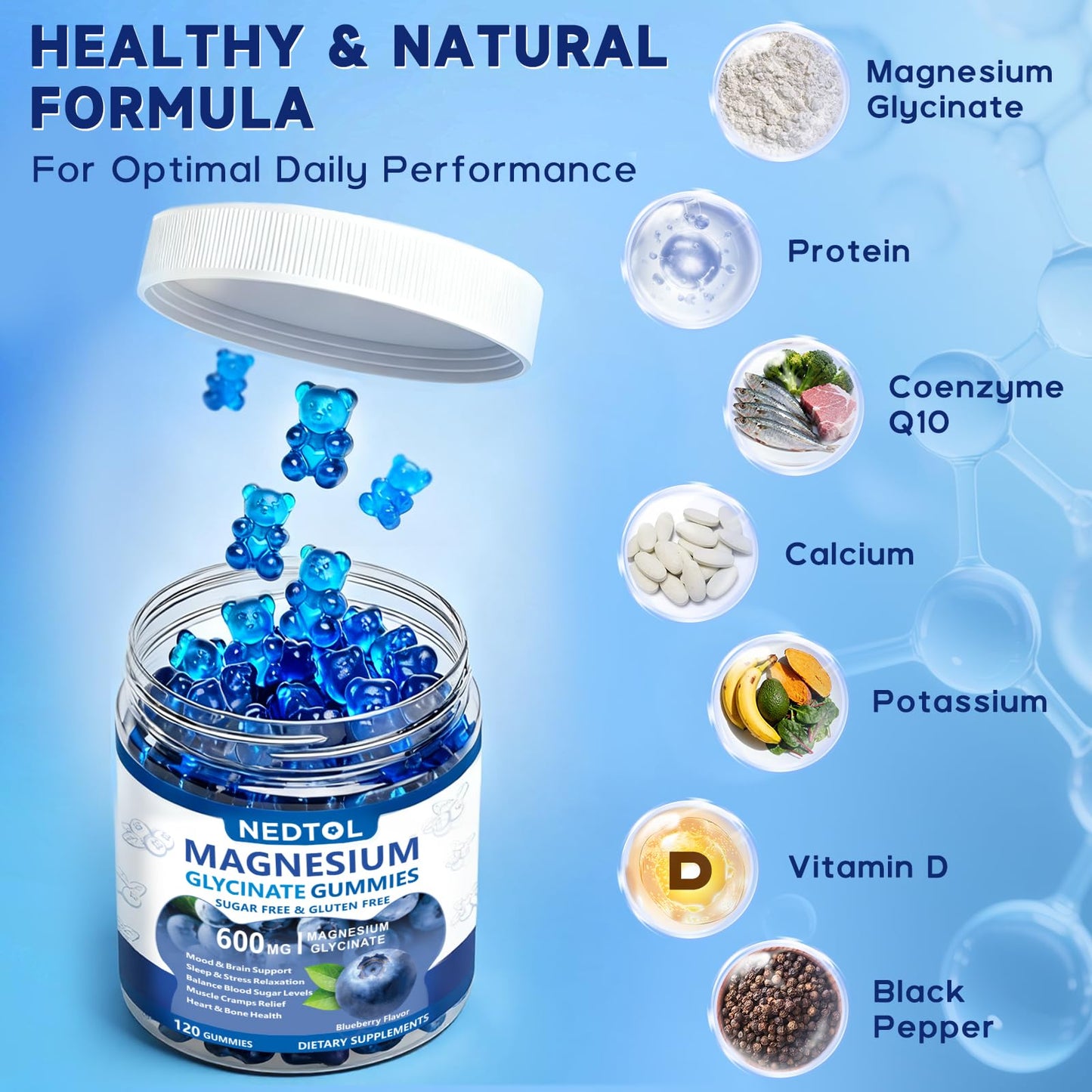 Nedtol Magnesium Glycinate Gummies 600mg, Sugar Free Magnesium Potassium Supplement for Adults with Magnesium L-Threonate, Vitamin D, B6,and CoQ10 for Sleep, Body Support and Relaxation,120 Count - dailyvitalstore