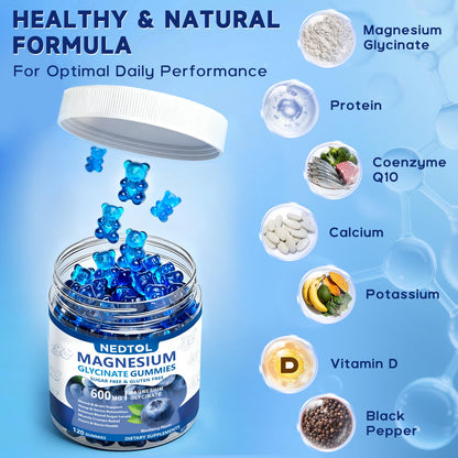 Nedtol Magnesium Glycinate Gummies 600mg, Sugar Free Magnesium Potassium Supplement for Adults with Magnesium L-Threonate, Vitamin D, B6,and CoQ10 for Sleep, Body Support and Relaxation,120 Count - dailyvitalstore