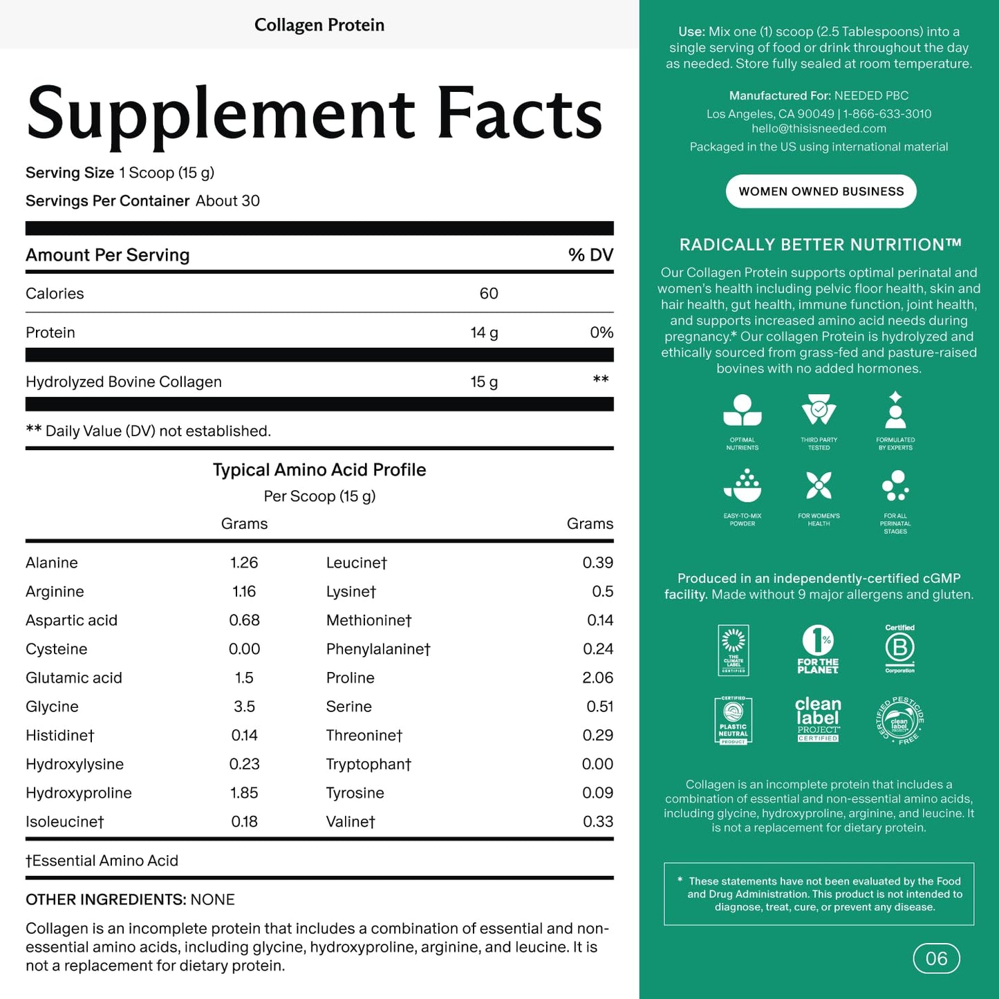 Needed. Hydrolyzed Collagen Protein Powder | Expert-Backed & Clean Sourced | Supports Skin, Hair, Joints | Grass-fed, Pasture-Raised, Hormone-Free | 1lb - dailyvitalstore