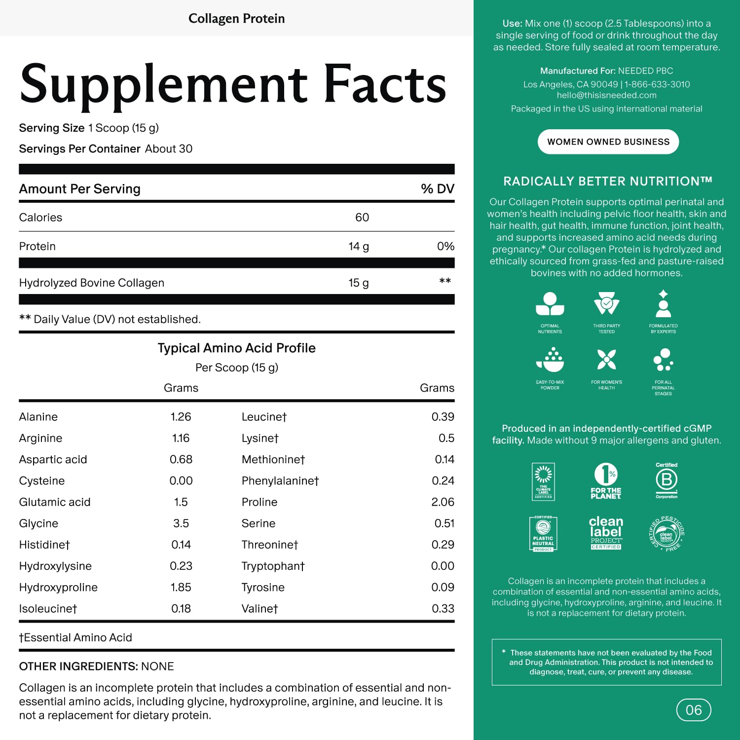 Needed. Hydrolyzed Collagen Protein Powder | Expert-Backed & Clean Sourced | Supports Skin, Hair, Joints | Grass-fed, Pasture-Raised, Hormone-Free | 1lb - dailyvitalstore