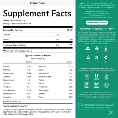 Needed. Hydrolyzed Collagen Protein Powder | Expert-Backed & Clean Sourced | Supports Skin, Hair, Joints | Grass-fed, Pasture-Raised, Hormone-Free | 1lb - dailyvitalstore