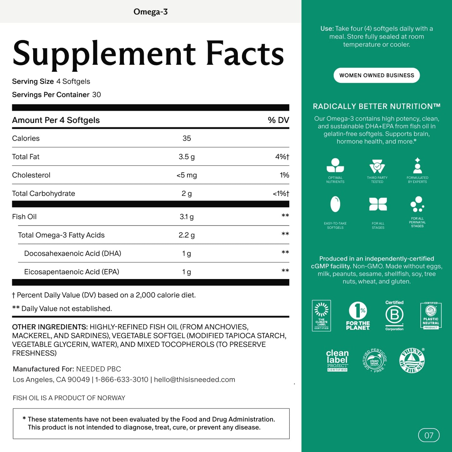 Needed. Prenatal Omega-3 - High Potency Dose of Sustainably Sourced Fish Oil, 1000mg DHA, 1000mg EPA, Encased in a Gelatin-Free, Plant-Based Softgel Shell - dailyvitalstore