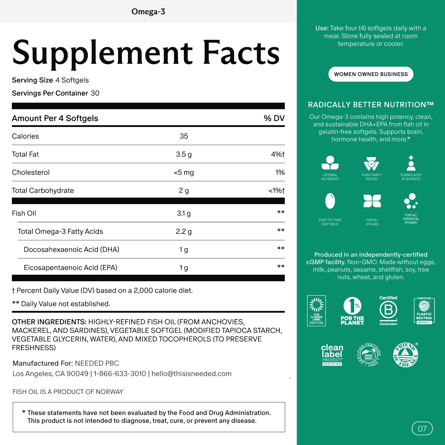 Needed. Prenatal Omega-3 - High Potency Dose of Sustainably Sourced Fish Oil, 1000mg DHA, 1000mg EPA, Encased in a Gelatin-Free, Plant-Based Softgel Shell - dailyvitalstore