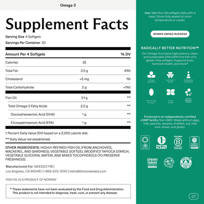 Needed. Prenatal Omega-3 - High Potency Dose of Sustainably Sourced Fish Oil, 1000mg DHA, 1000mg EPA, Encased in a Gelatin-Free, Plant-Based Softgel Shell - dailyvitalstore
