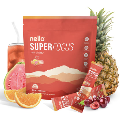 Nello Superfocus Focus Drink Mix – Fruit Punch Flavor – Alpha GPC, Lion’s Mane, Rhodiola & N-Acetyl L-Tyrosine – Sugar-Free, On-the-Go Packets – 20 Servings - dailyvitalstore