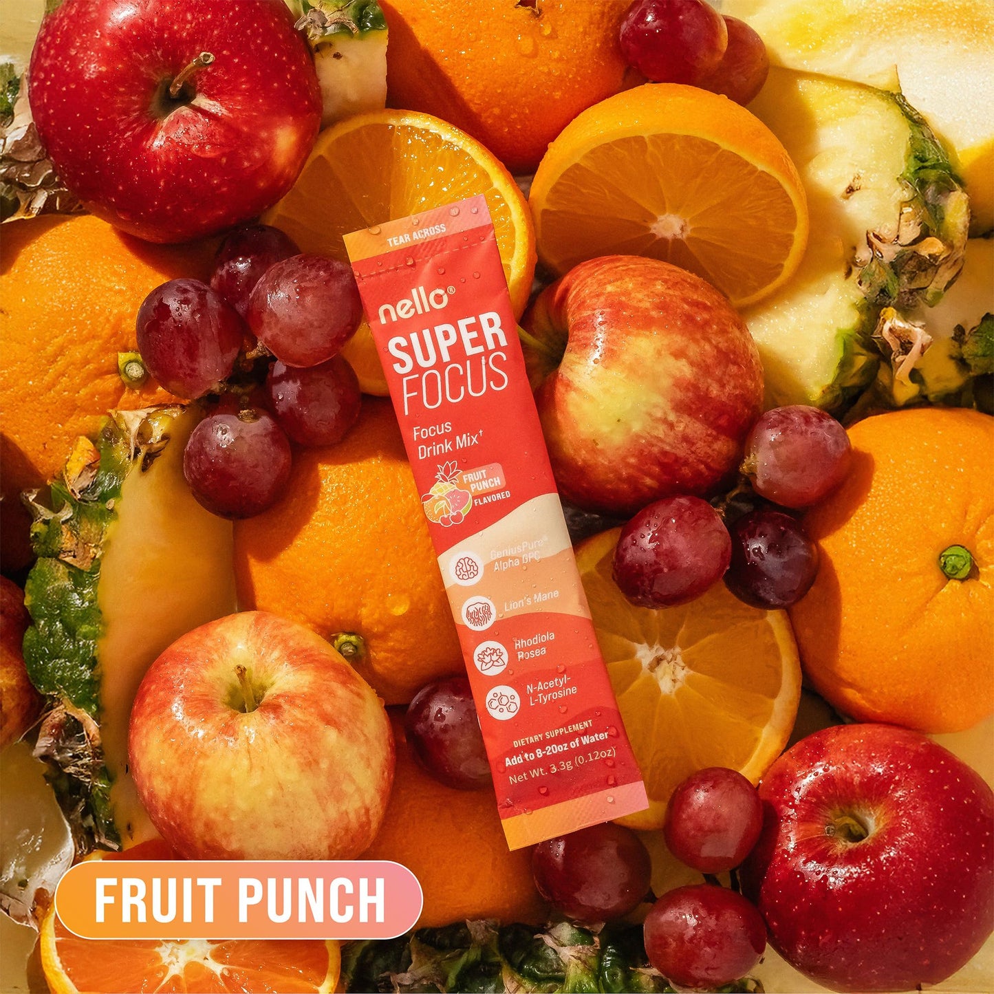 Nello Superfocus Focus Drink Mix – Fruit Punch Flavor – Alpha GPC, Lion’s Mane, Rhodiola & N-Acetyl L-Tyrosine – Sugar-Free, On-the-Go Packets – 20 Servings - dailyvitalstore