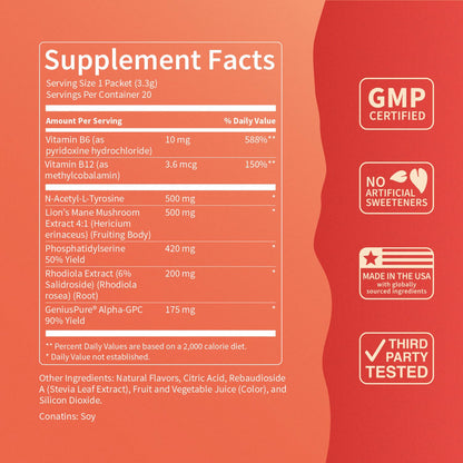 Nello Superfocus Focus Drink Mix – Fruit Punch Flavor – Alpha GPC, Lion’s Mane, Rhodiola & N-Acetyl L-Tyrosine – Sugar-Free, On-the-Go Packets – 20 Servings - dailyvitalstore