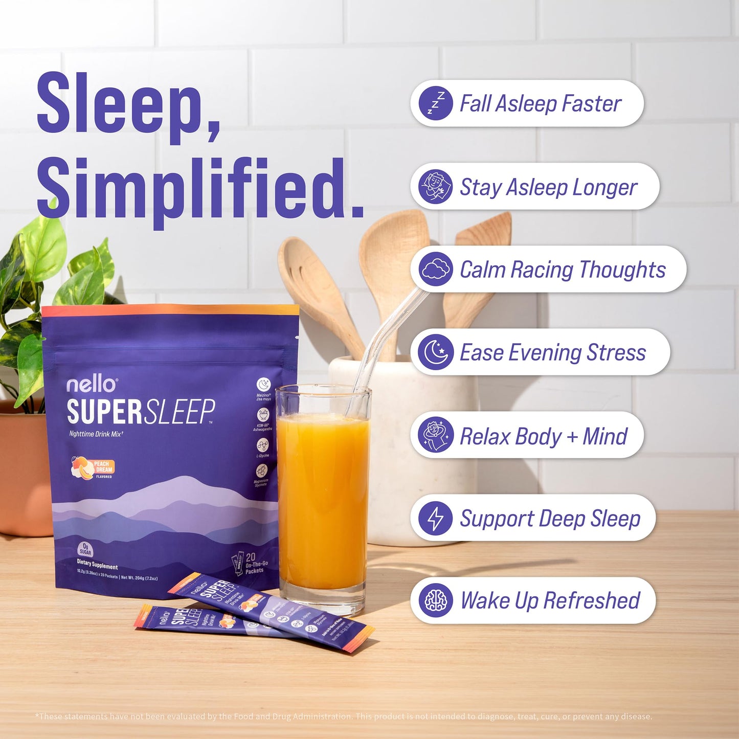 Nello Supersleep, Nighttime Sleep Support Drink Mix, Ashwagandha, Maizinol, L-Glycine, Magnesium Glycinate, Peach Dream (Pack of 20) - dailyvitalstore