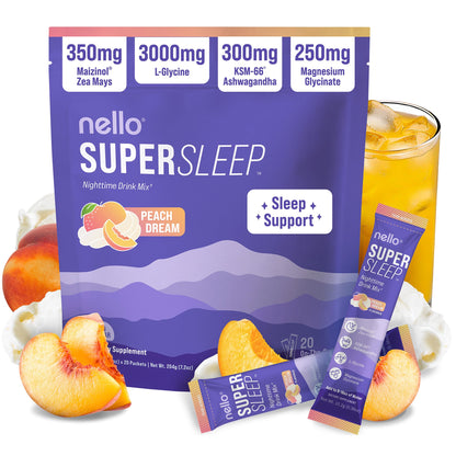 Nello Supersleep, Nighttime Sleep Support Drink Mix, Ashwagandha, Maizinol, L-Glycine, Magnesium Glycinate, Peach Dream (Pack of 20) - dailyvitalstore